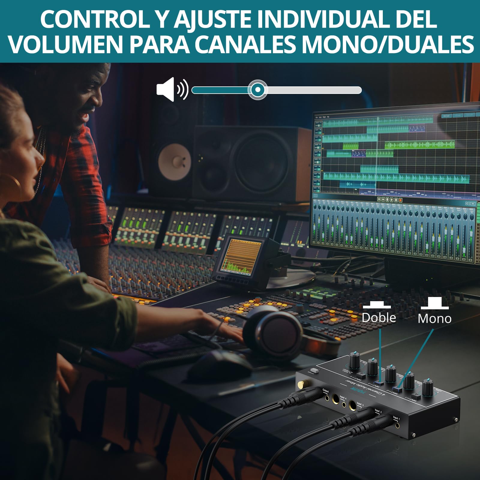 Mini Mezclador de Audio, Mezclador de Línea Estéreo de 4 Canales de 6.35mm+3.5mm TSR Salida de Audio Jack de Entrada para Guitarras, Bajo, Teclados, Micrófono Dinámico