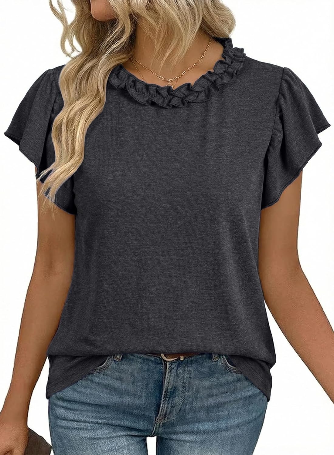 BLENCOT Womens Summer Tops Ruffle Short Sleeve T Shirts Casual Slim Fit Cute Solid Color T Shirts