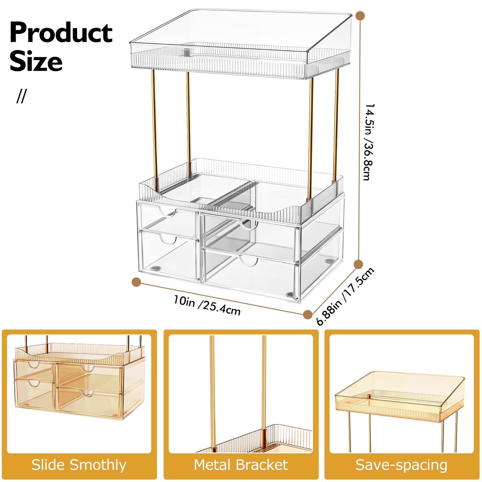 Makeup Organiser - Upgraded Transparent Perfume Organiser with 2 Shelves & 4 Drawer, Make up Storage Non-Slip Design, Skincare Drawer Organisers for Bathroom/Bedroom/Kitchen/Vanity, Clear - 4