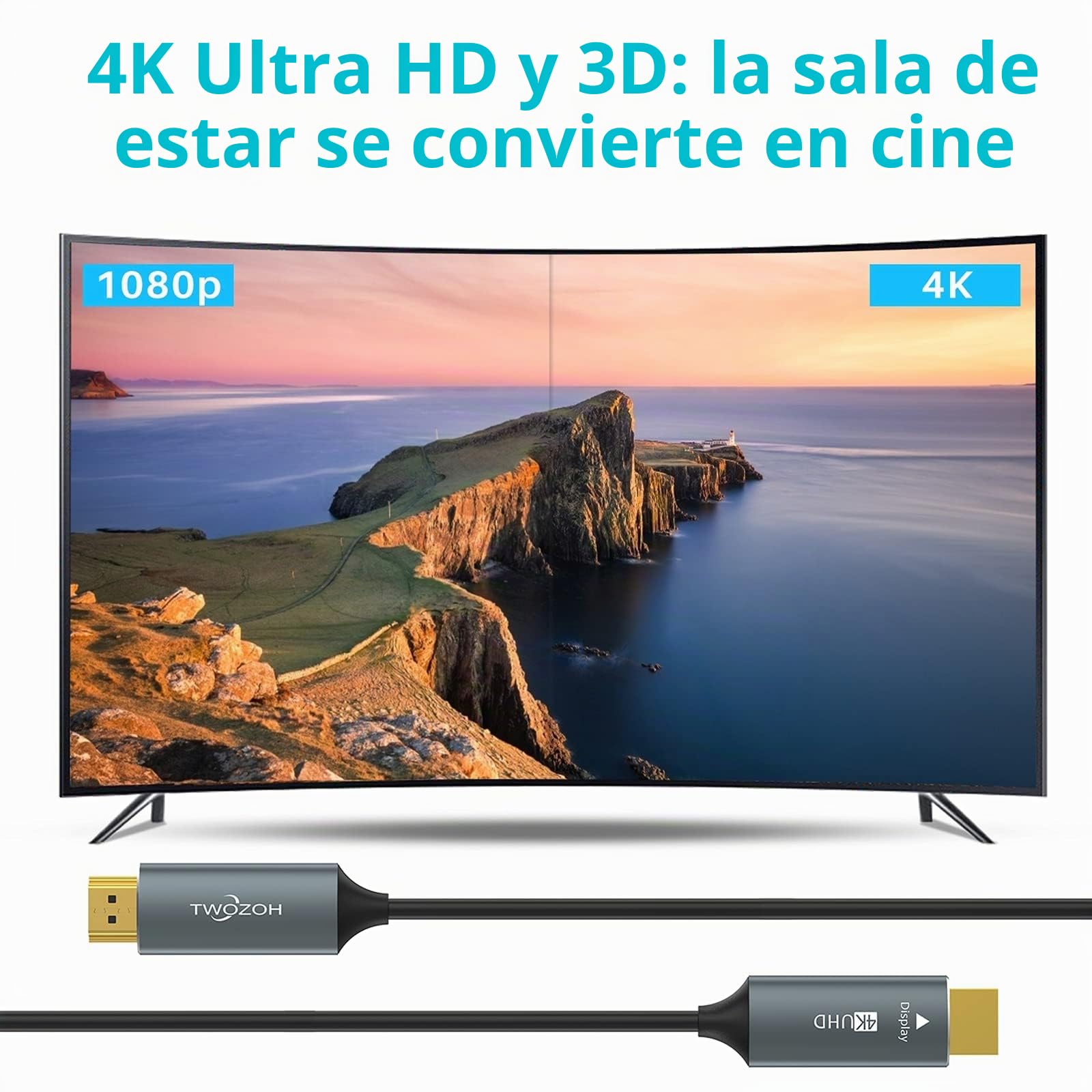 Twozoh Cable HDMI de Fibra óptica 50M, 4K HDMI Optico Cable 4K/60Hz (4:4: 4 HDR10 HDCP2.2) 1440p 144Hz 18Gbps de alta velocidad UHD Fibra HDMI Cable