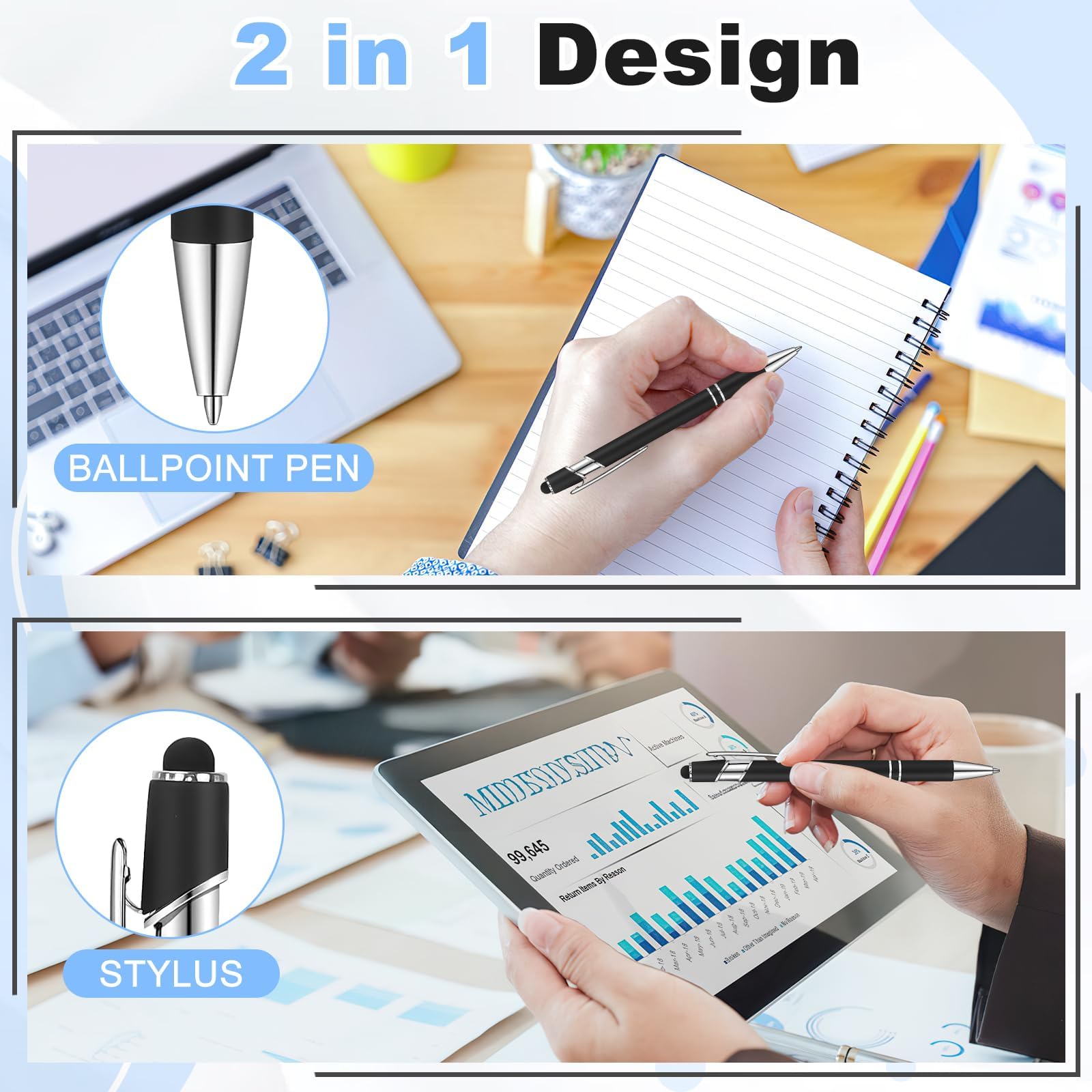 Penne a sfera con punta stilo, confezione da 100 penne stilo 2 in 1 per touch screen, inchiostro nero, punta media, retrattile, in metallo, per tablet, ufficio, scuola, 1,0 mm