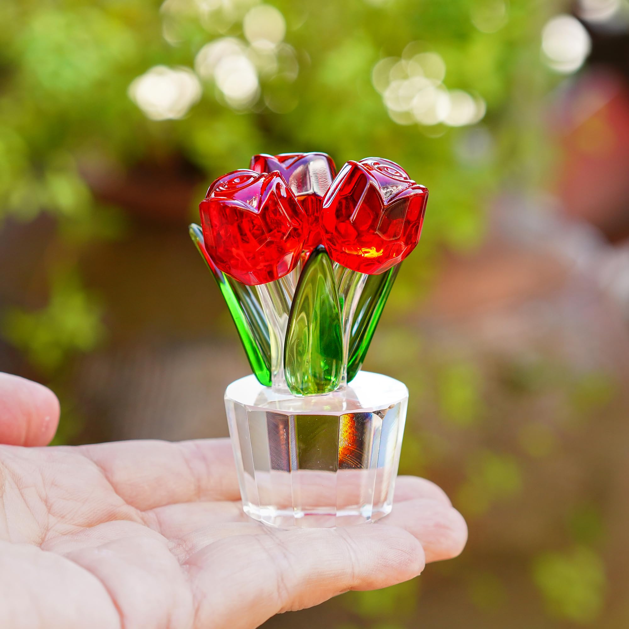 3.2 * 2in Handmade Crystal Red Rose Bouquet Figurine Romantic Rose Flower Gifts for Wife Mom on Birthday Wedding Anniversary