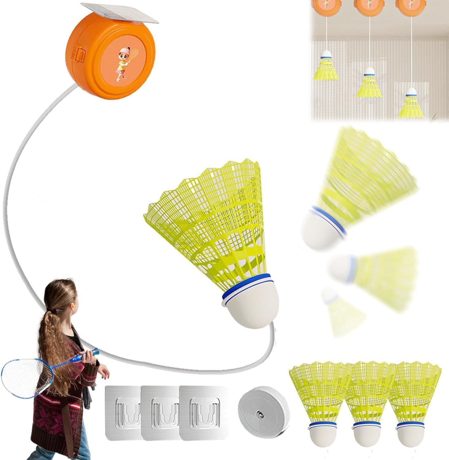 Badminton Rebound Trainer Toy, Hanging Badminton Trainer with String, Badminton Racket Swing Trainer, Bouncing Back Self-Playing Line Trainer for Kids
