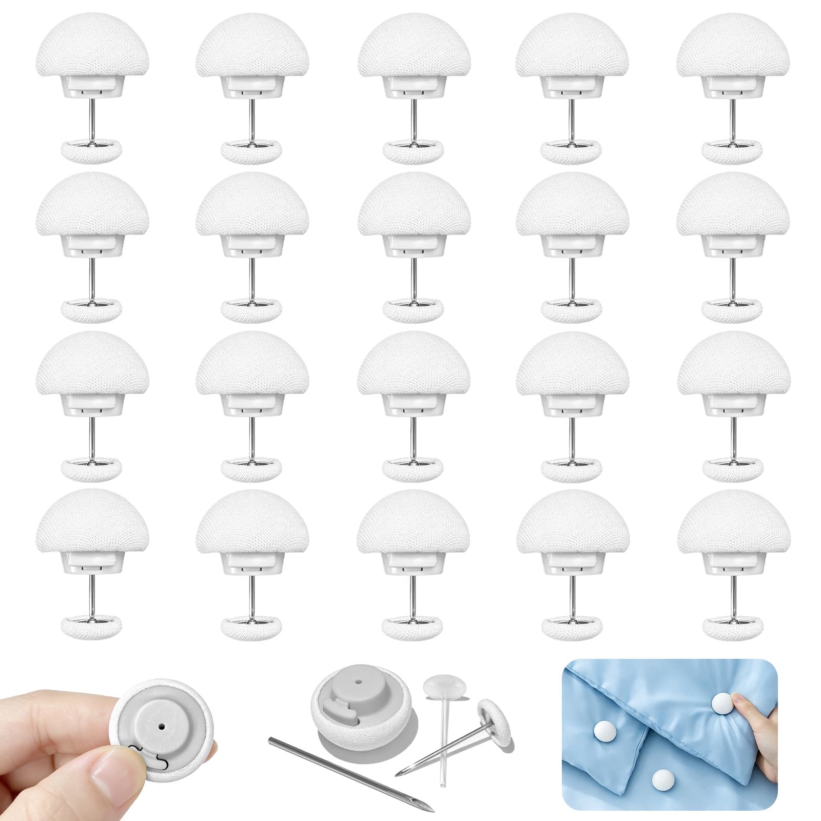 Quelcc 20 Pcs Mushroom duvet clips, White Quilt Fixing Clips with Buttons, duvet pins to keep duvet in place, quilt clips with Box for Blankets, Curtains, Mattress Covers