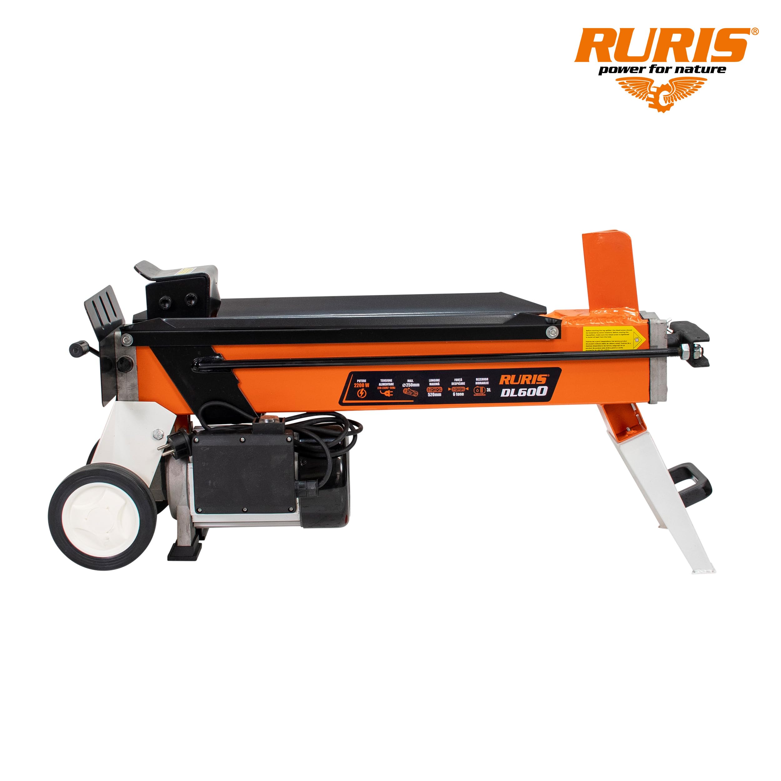 RURIS POWER FOR NATURE Fendeur de Bûches Électrique DL600-6 Tonnes, 2200W, 230V, Longueur Max 52 cm, Diamètre 25 cm, Compact et Transportable, pour Bois de Chauffage