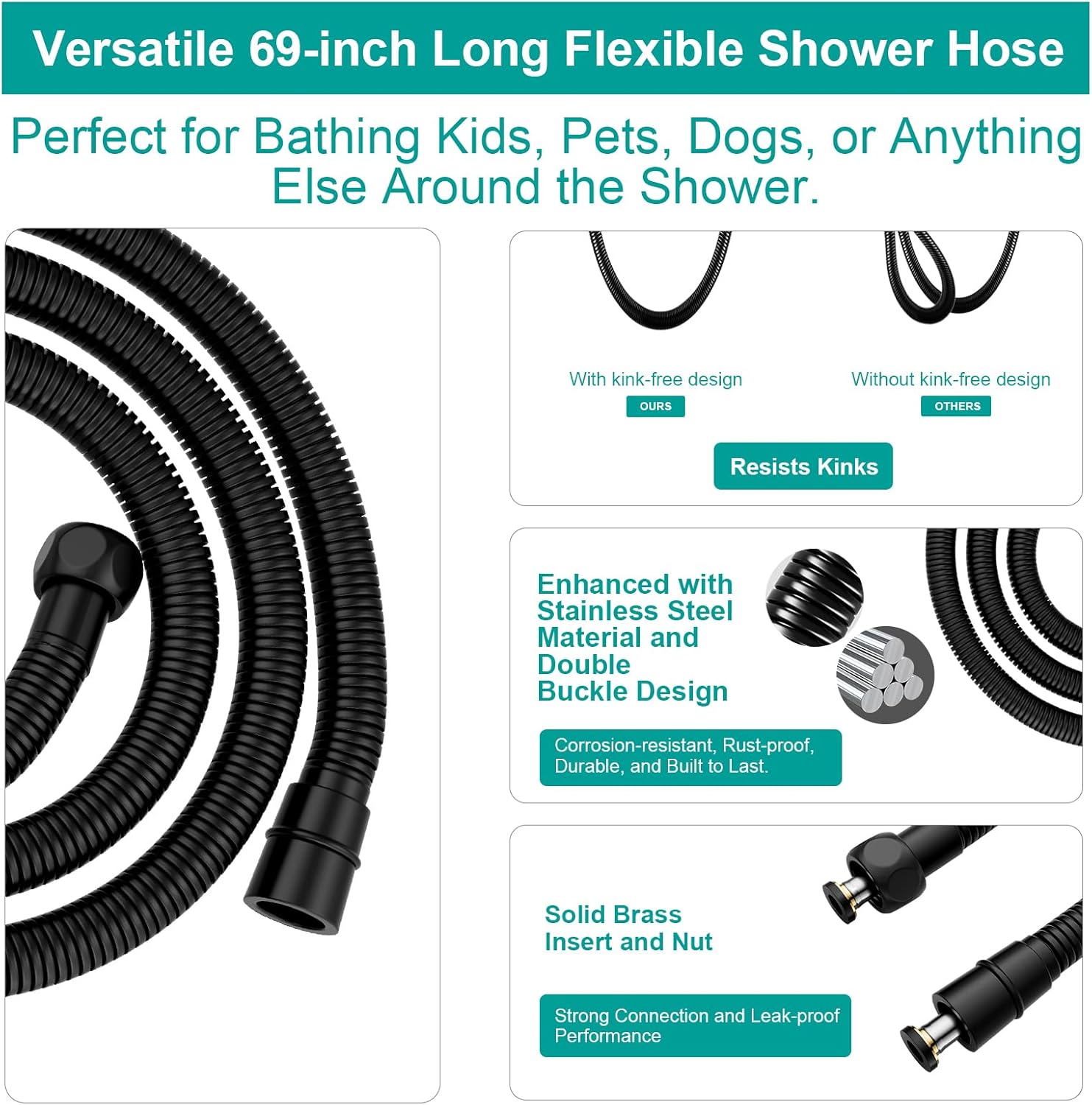 Shower Slide Bar Handheld Shower Head with Hose, 5-Function Hand Shower with Wall Mount，shower slide bar,adjustable height shower head (A-round, Matte Black)