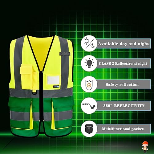 Miniatura 5 de A-SAFETY Chaleco reflectante de seguridad de alta visibilidad con bolsillos y cremallera, chaleco de trabajo Hi Viz para hombres y mujeres (amarillo