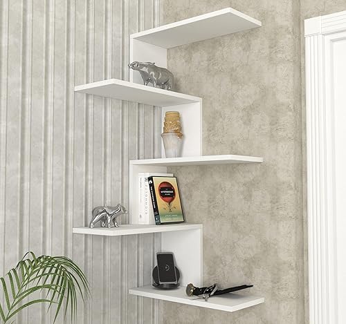 DORPEK Buzzy - Estante esquinero de pared blanco, estante flotante de pared abierto de 5 niveles, estantes esquineros montados en la pared, estante