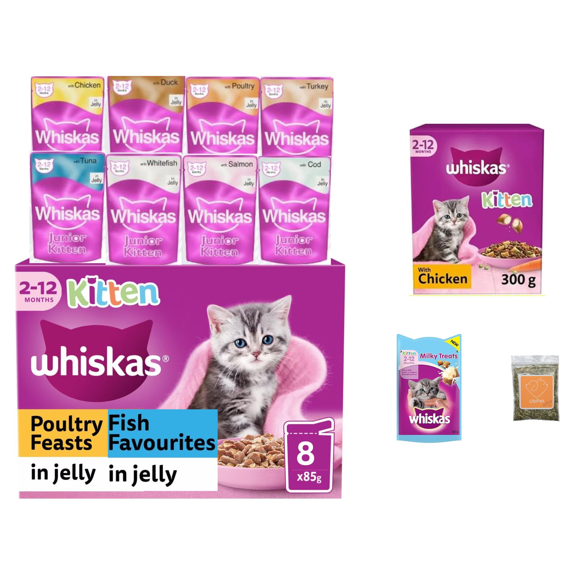 Kitten Food Variety Bundle with Whiskas Poultry Feast and Fish Favourites (total 8x85g), Milky Treats (1x55g), Chicken Dry Kitten Food (1x300g) and Ubipet Catnip
