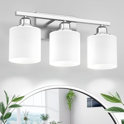 Sailstar Lámparas de baño, luces de tocador de níquel cepillado, 3 luces, modernas luces de baño sobre espejo, pantalla de vidrio y acabado de