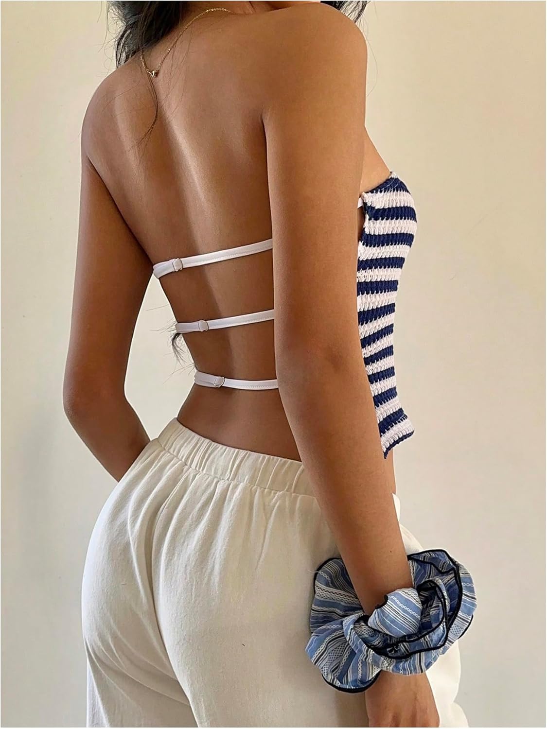 MakeMeChic レディース ストライプ ストラップレス チューブトップ オープンバック バックレス ニット Y2k クロップバ