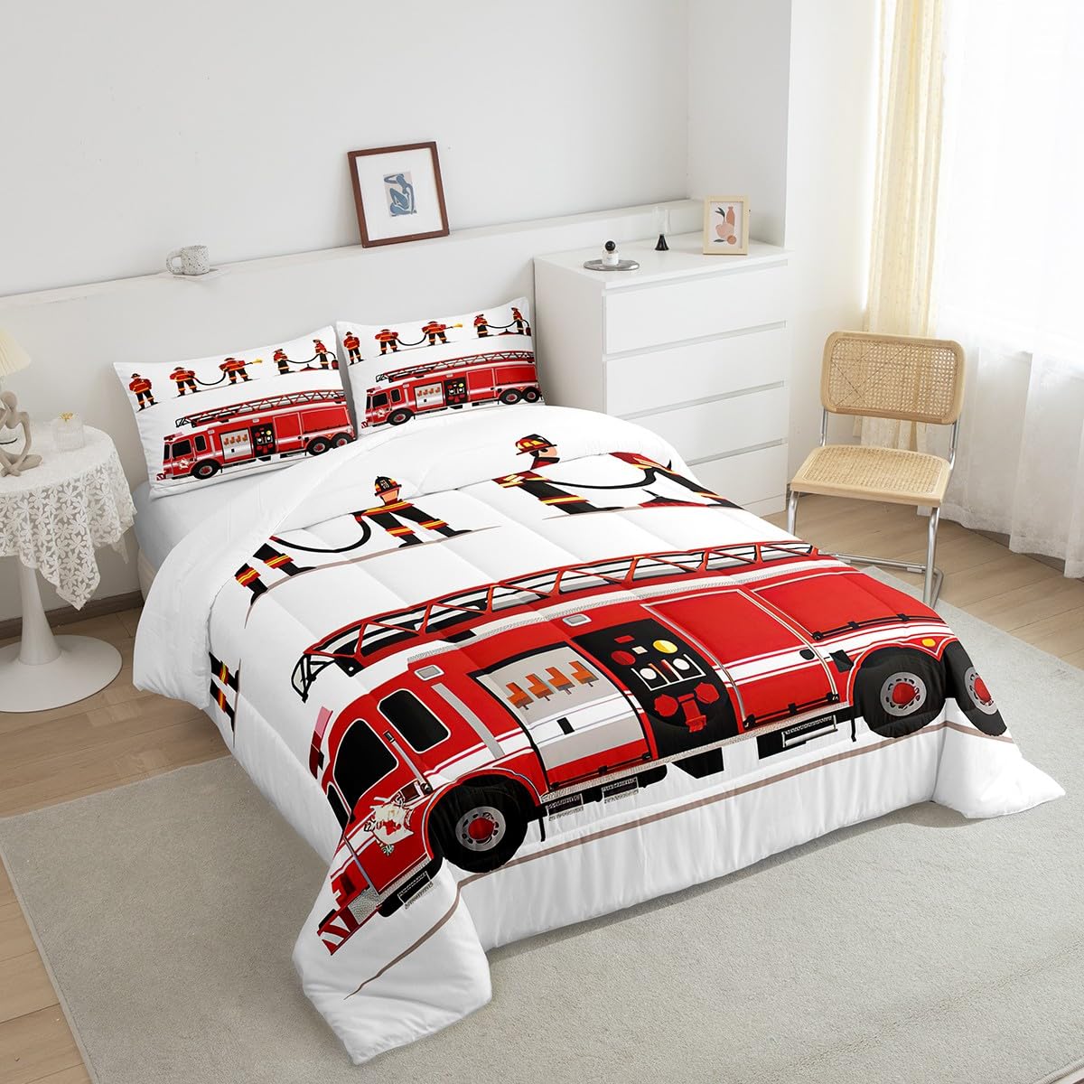 Set di biancheria da letto per bambini per camion dei pompieri, per auto e pompieri, copripiumino e per camera da letto, per salvataggio, per veicolo e consolatore, per poliziotto, pompiere, per