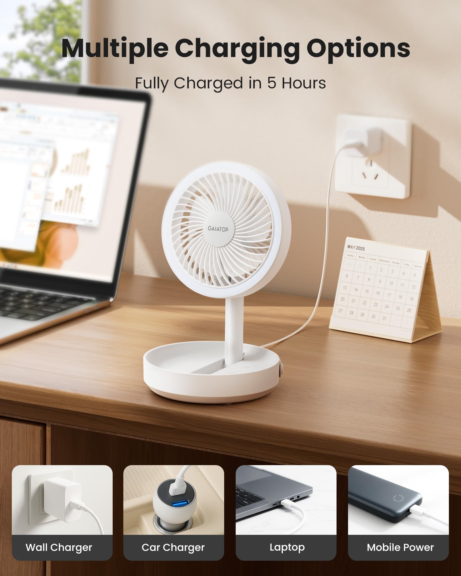 Gaiatop Ventilatore Portatile USB Ricaricabile, 6000mAh Batteria Fino a 20 Ore, Ventilatore da Tavolo Silenzioso Piccolo con Luce Notturna Ufficio Comodino, Accessori Camper Viaggio Pieghevole, Bianco
