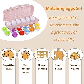 Hhyn Color Shape Matching Eggs for Toddlers, Preschool Learning Educational Sorting Easter Eggs Toys Gift Recognition Skills for Kids Boys Girls with Pink Eggs Holder, 12 Eggs