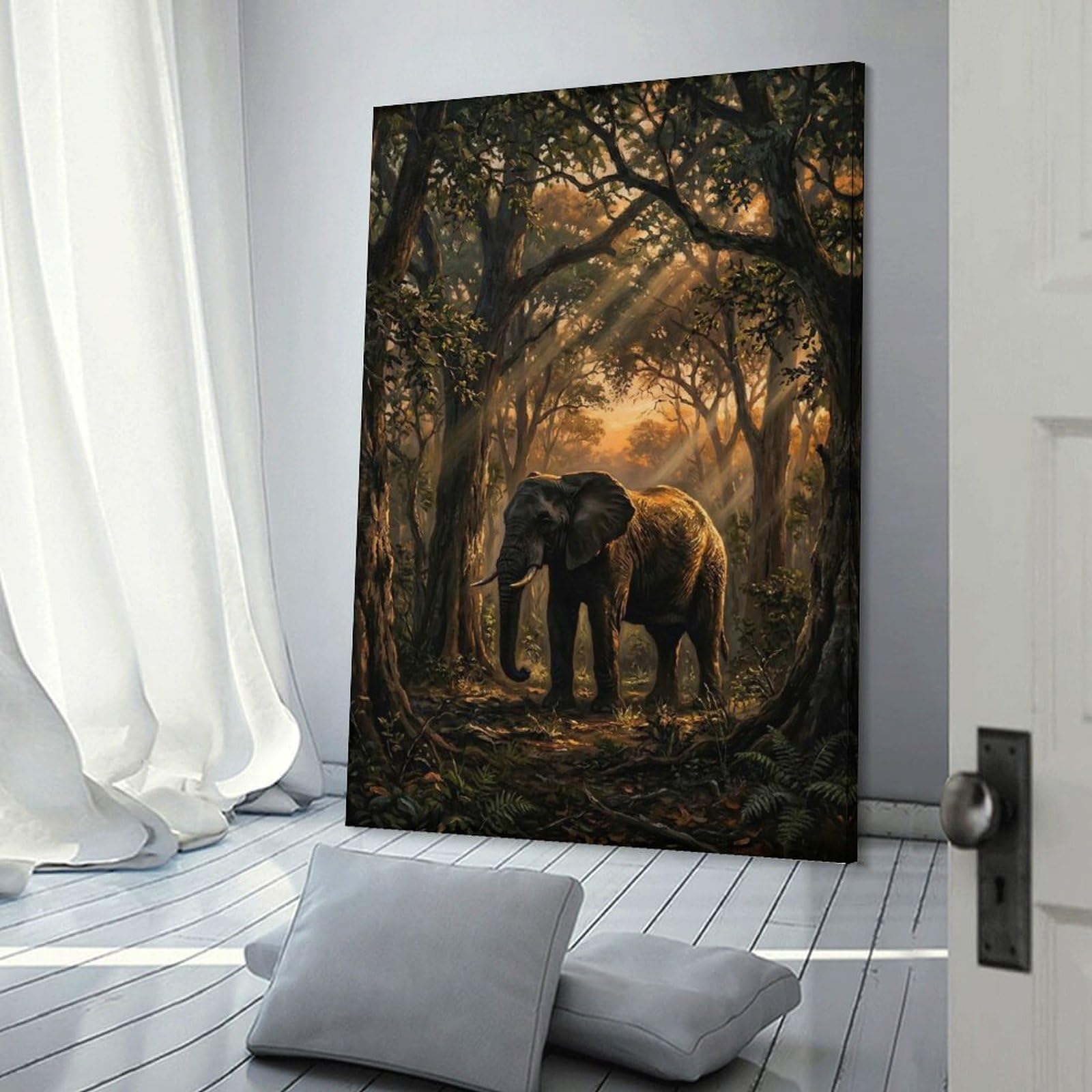Junmoney Elephant in A Sunlit Forest Room Decor Wall Art, 24x36inch(60x90cm), for Living Room, Lounge Or Sitting Room, A Home Accent with Warm Character