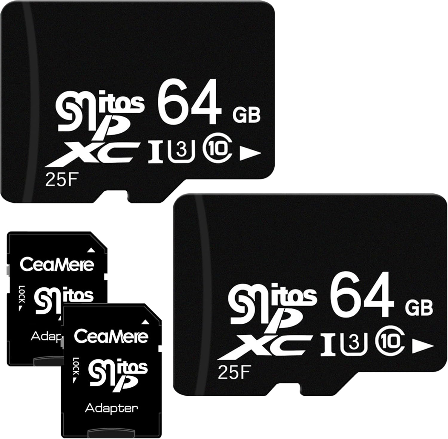 [2-Pack] 64GB microSD Cards with SD Adapters – U3 Class 10, High-Speed Memory for 4K Video, Mobile Devices, Action Cameras, Game Consoles, Drones