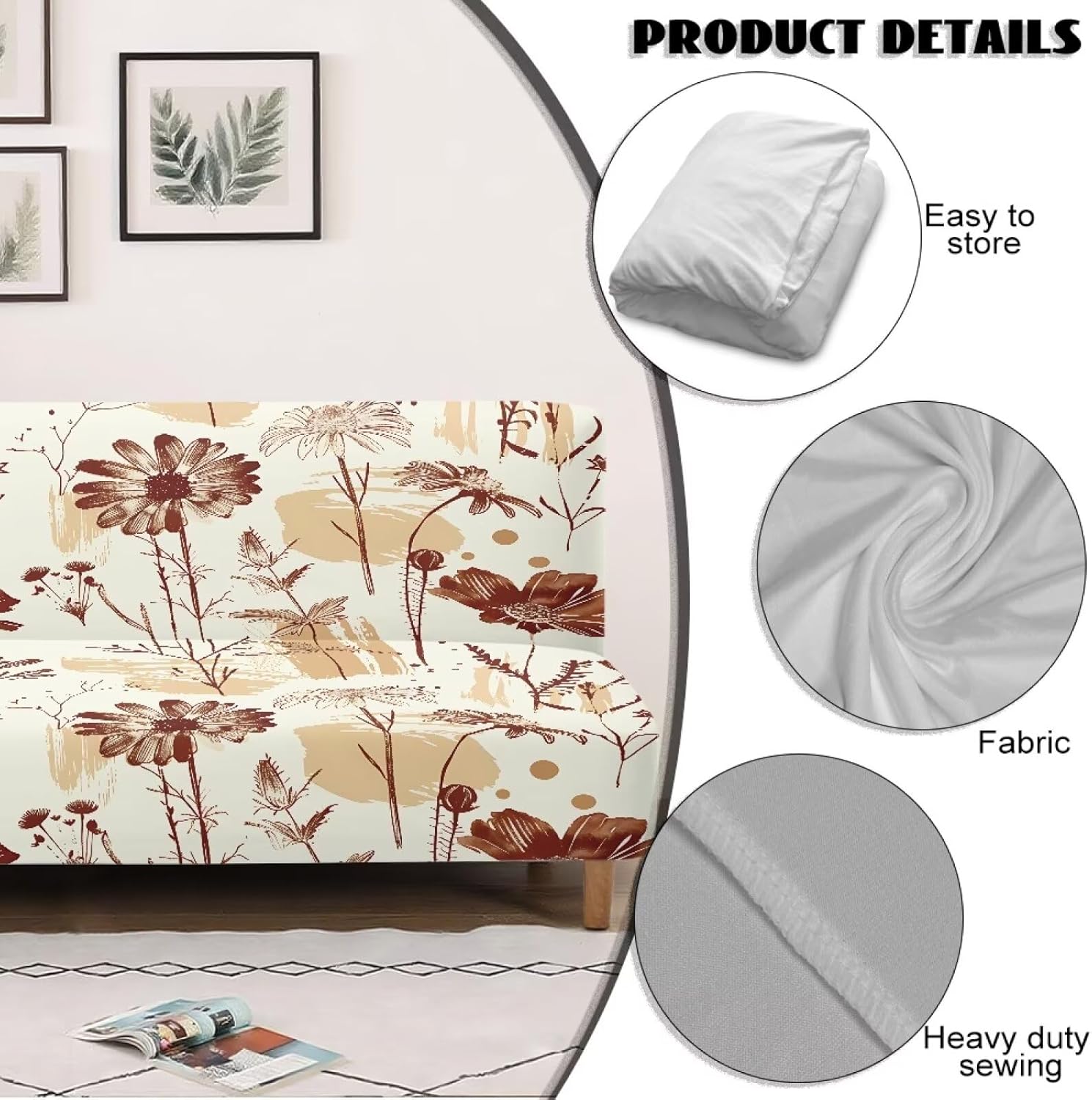 Brown Floral Armless Chair Slipcover Stretchable Slipcover for Futon Couch Washable Home Decor Elastic Furniture Protector