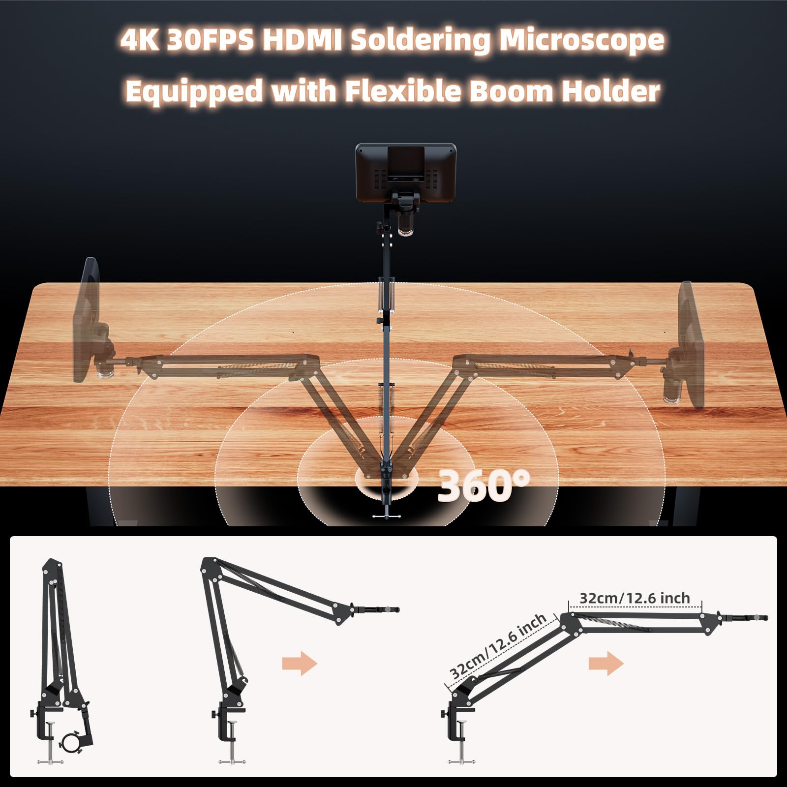 Microscopio digitale 4K 30FPS HDMI 10.1 '' con schermo per riparazione elettronica, LM208S-A 4K fotocamera microscopio saldatura 1500X con supporto braccio flessibile, monete Full View