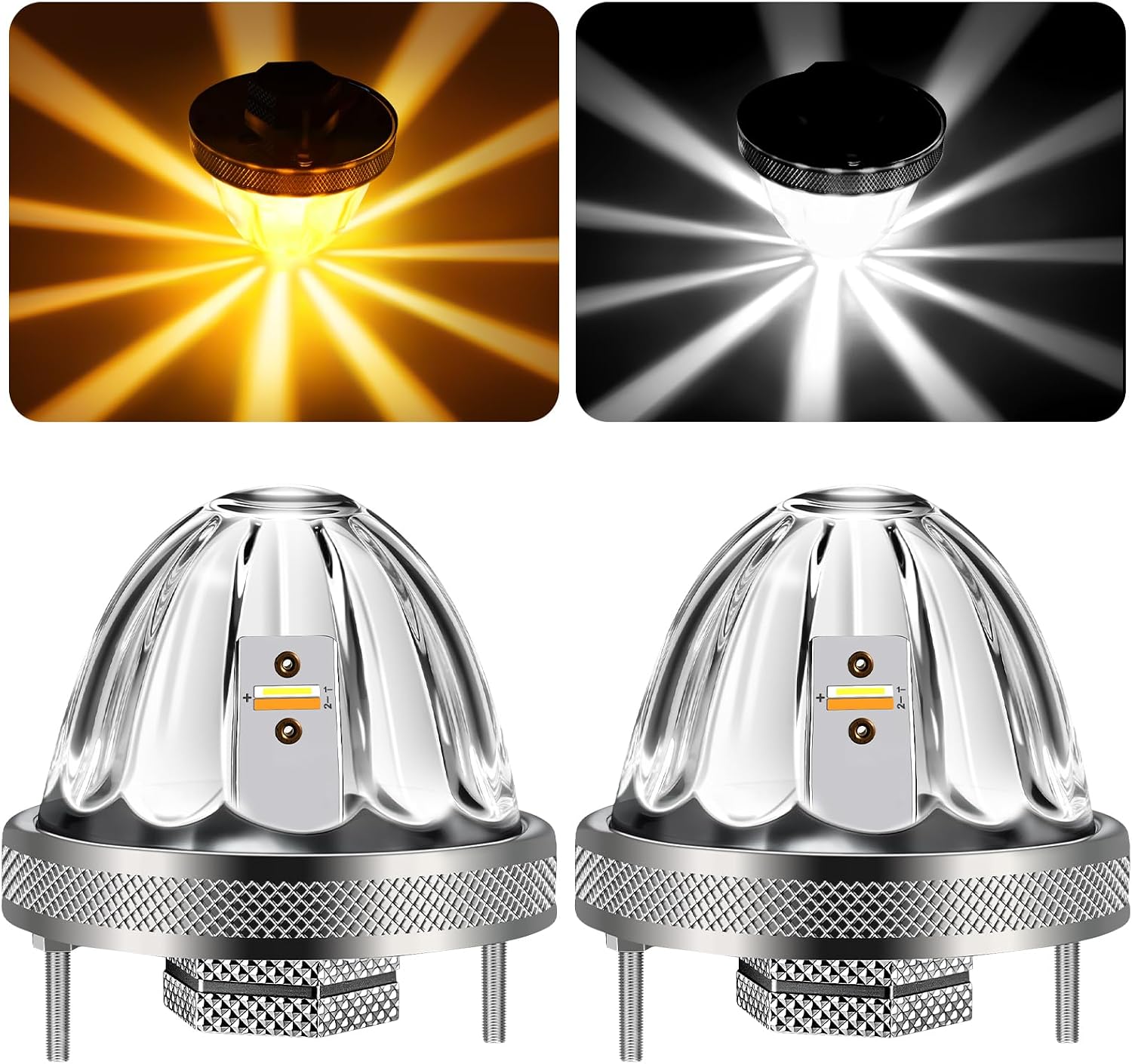 2Pcs Dual Color (Amber/White) LED Glass Lens Watermelon Lights, 12V Turn Signal Marker Lights with Stainless Steel Bezel, IP67 Waterproof, Compatible with Kenworth Peterbilt Semi Truck