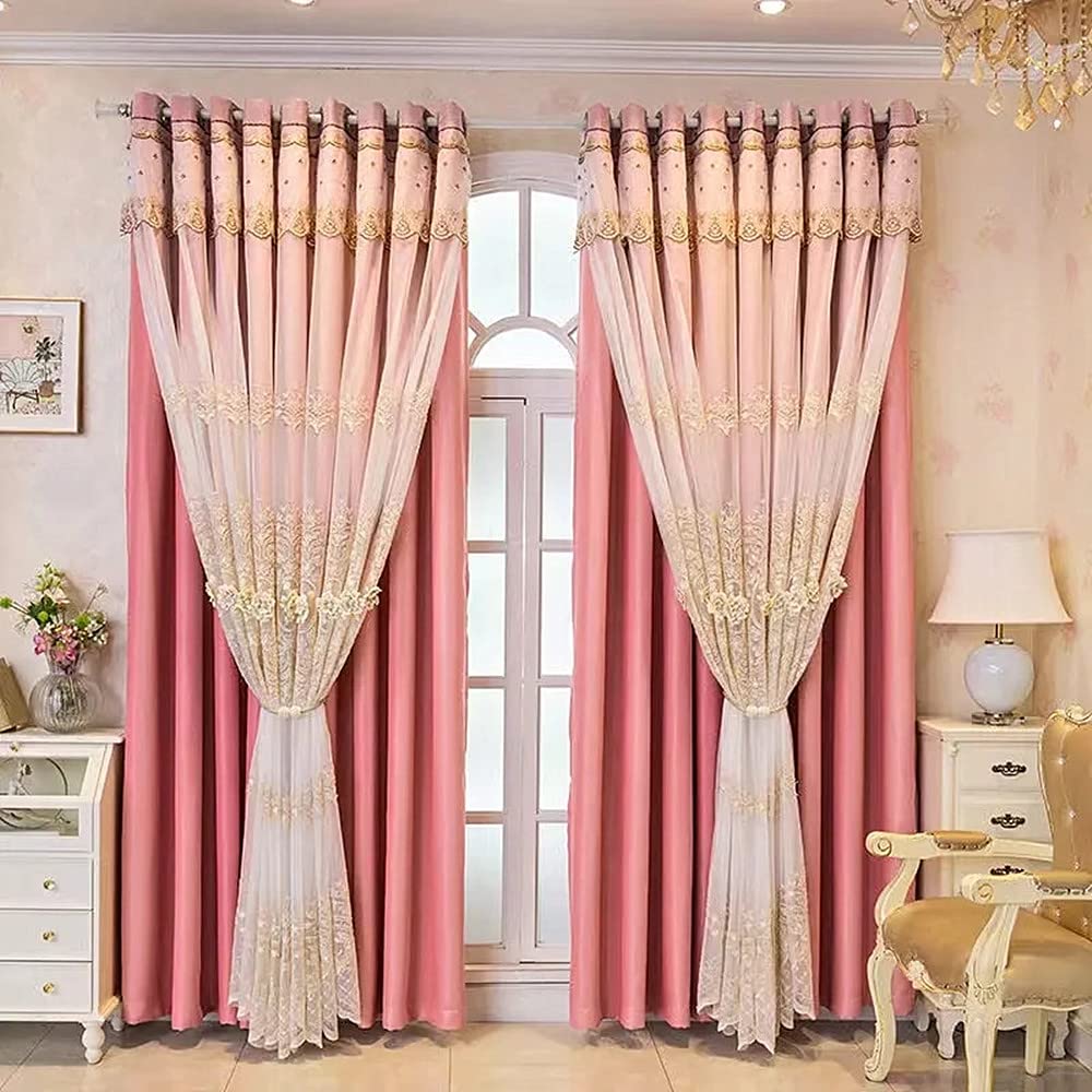 Photo 1 of Amidoudou Double Layer Curtains with Valances (Pink, 52x102 Inch)