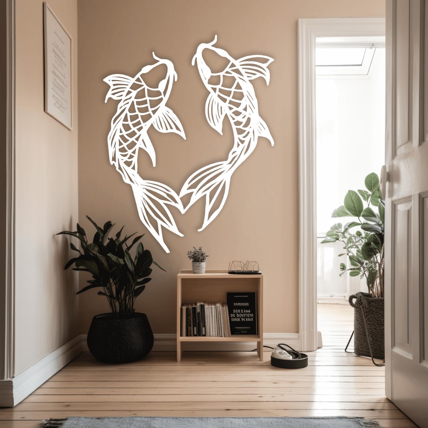Décoration murale métal moderne poissons koi blanc art mural 47cm intérieur