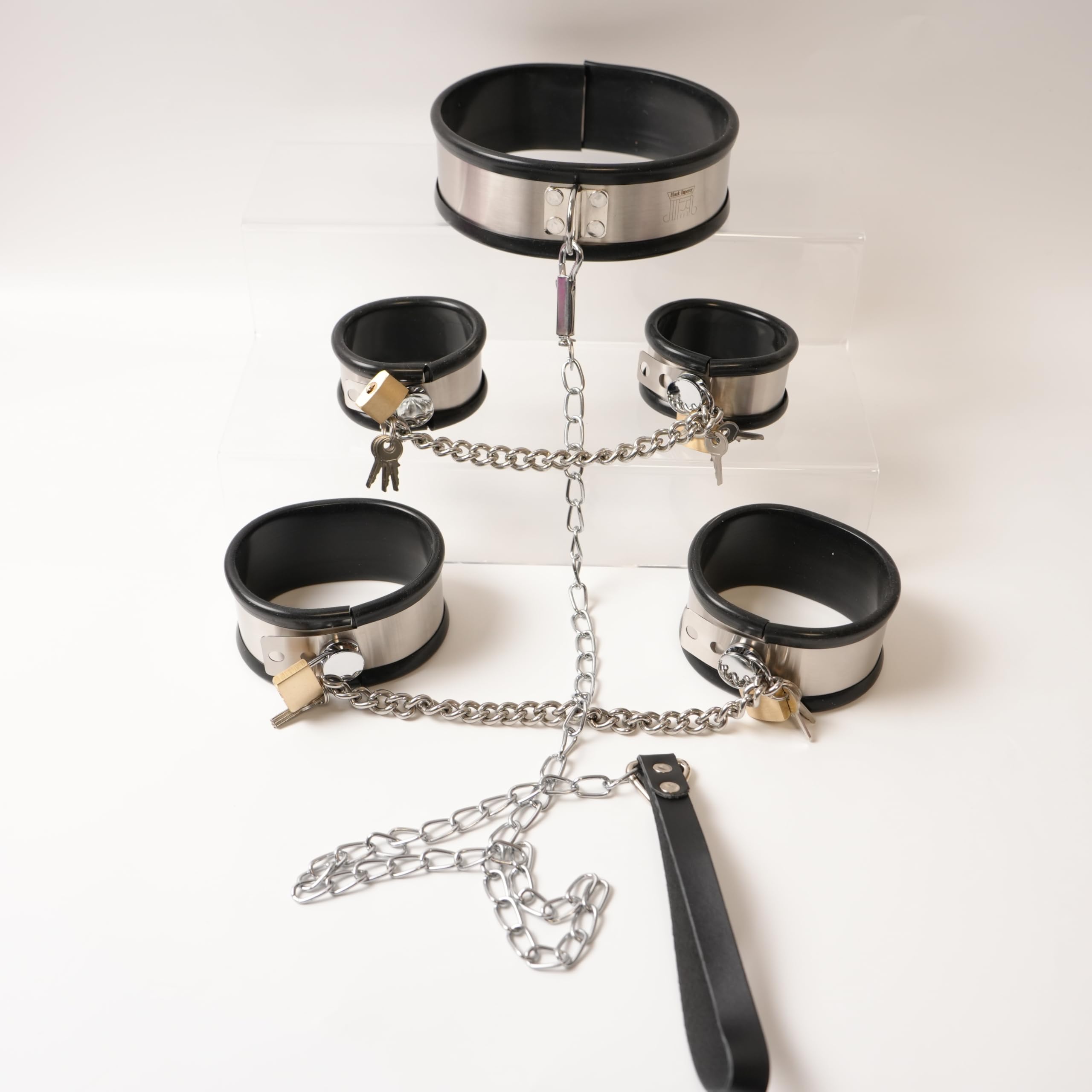 Kit BDSM féminin menottes entraves et collier acier inoxydable et silicone