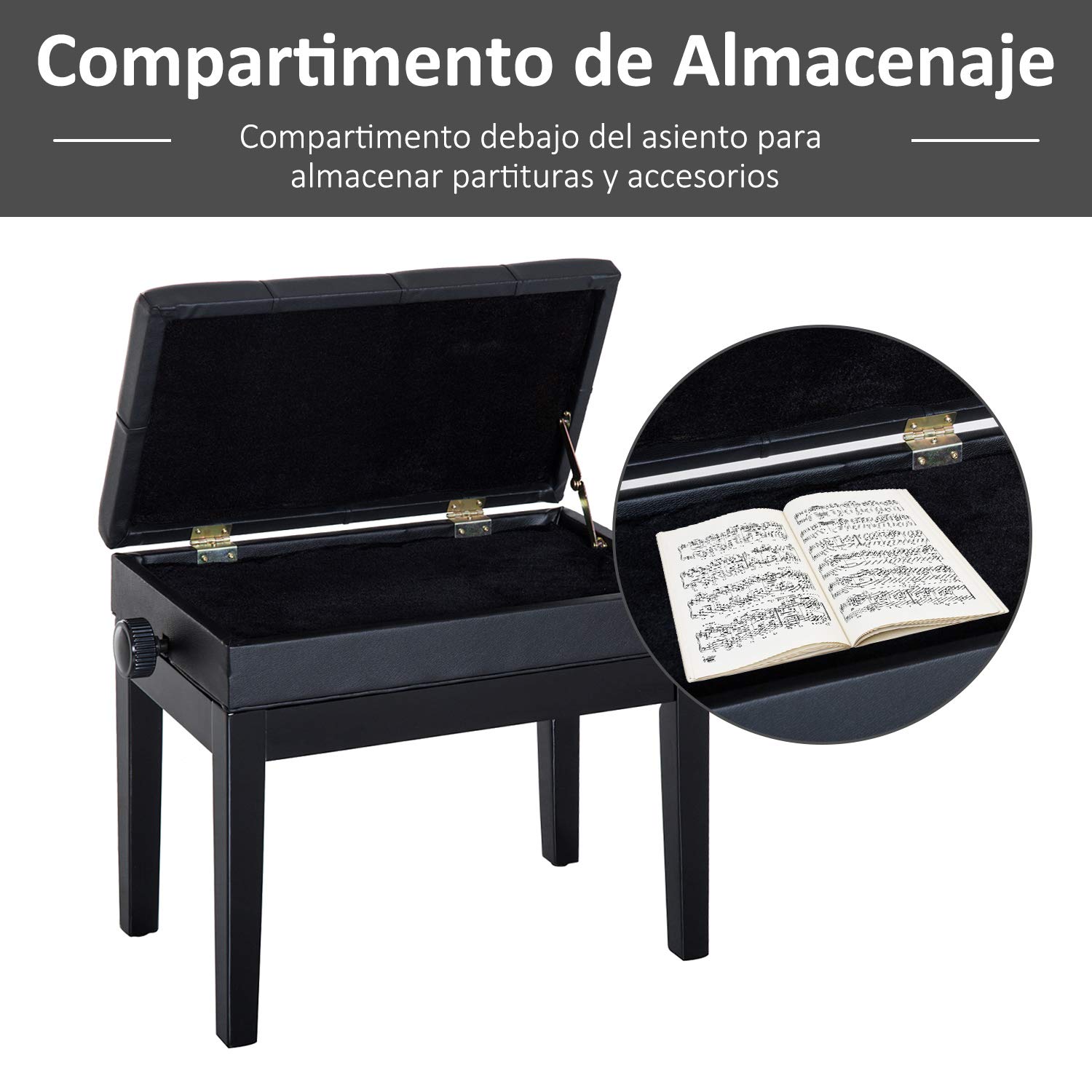HOMCOM Banqueta para Piano Banco para Piano con Ajustable en Altura de 48 a 58 cm Espacio de Almacenamiento Patas de Madera Taburete para Teclado Acolchado 54,5x33x48-58 cm Negro