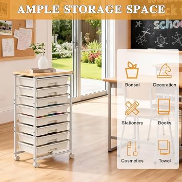 Rolling Storage Cart with 8 Drawers Wooden Tabletop, Art Craft Organizer Utility Cart with Lockable Wheels, for Living Room,Office,Classroom,Craft Room,Bedroom,Dorm White