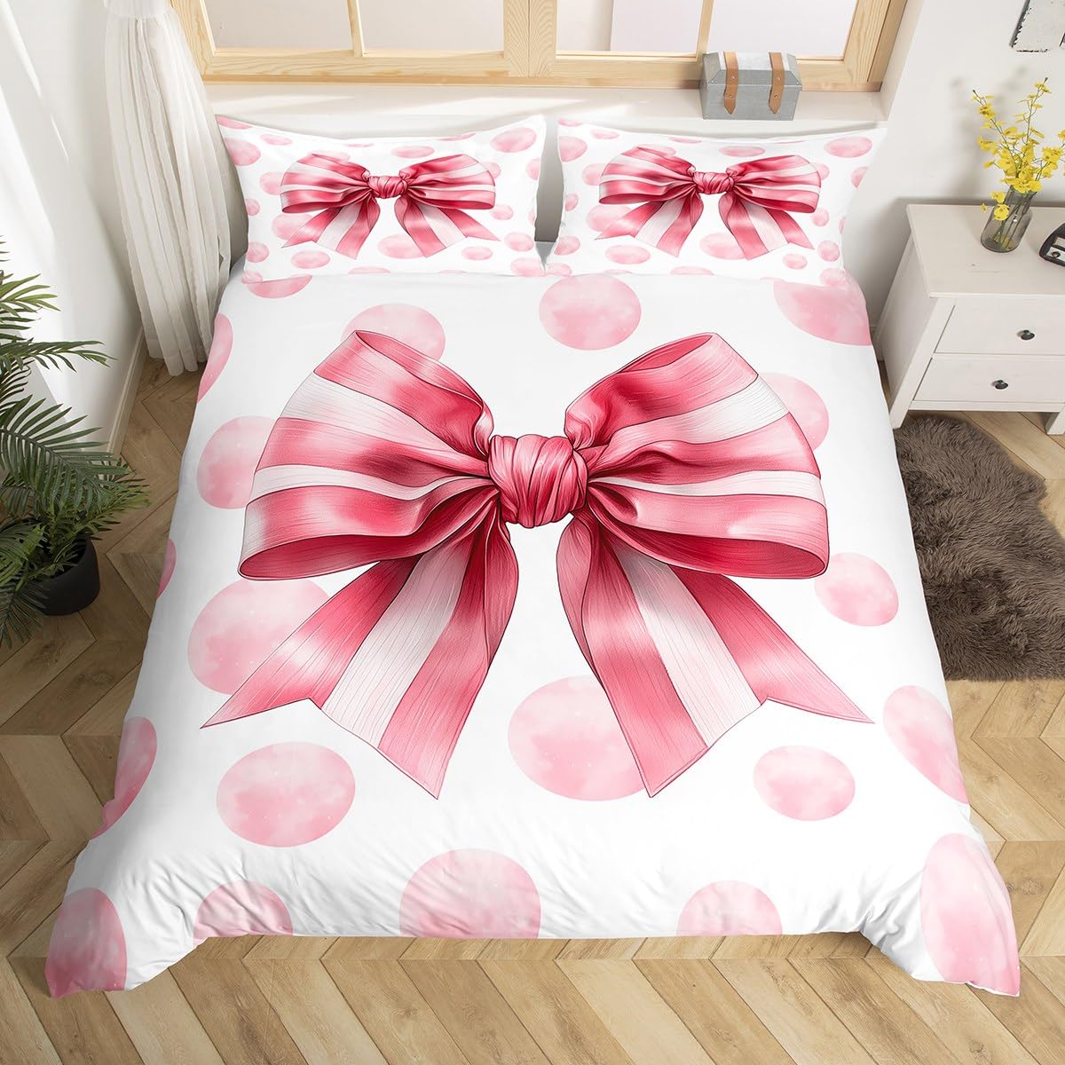 Juego de ropa de cama para niños y niñas, diseño floral de rayas rosas, tamaño doble, 3 piezas, suave, transpirable, con lazo, 1 funda nórdica y 2 fundas de almohada
