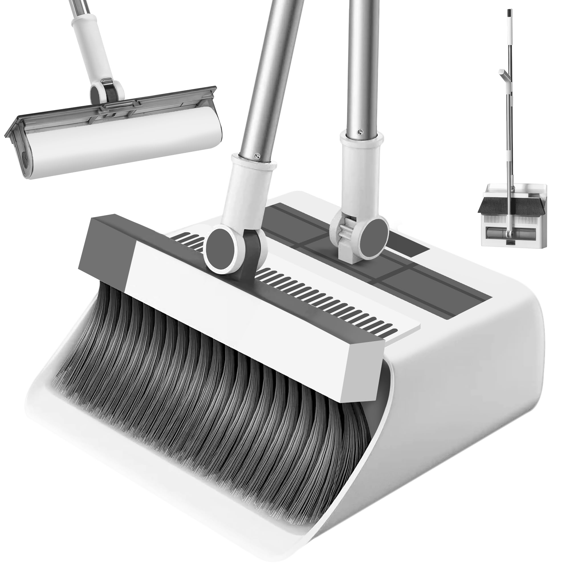 JUPPLIES 3-in-1 Folding Broom and Dustpan with Removable Hair Remover Roller – Telescopic Handle 126 cm, 180° Head – Space Saving for Home and Office