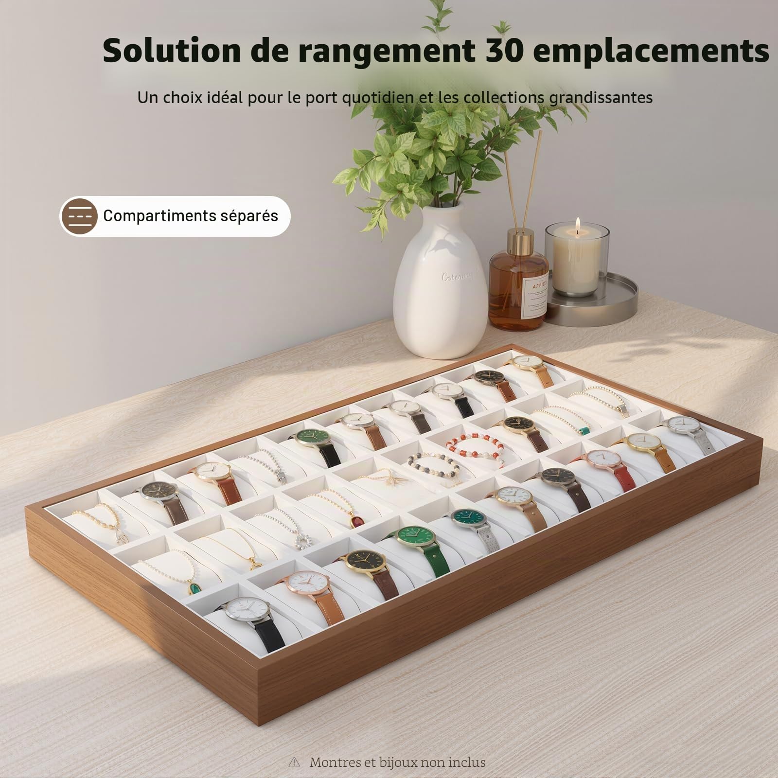 Boîte de rangement en bois pour montres, bijoux, vitrine, bracelet, plateau de rangement, boîte de rangement, boîte de rangement pour montres (30 emplacements)
