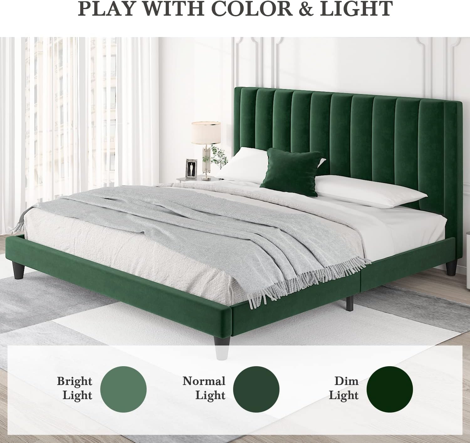 HOOMIC King Size Platform Bed Frame with Velvet Upholstered Plush Vertical Channel Headboard, No Box Spring Needed, Easy Assembly,Green