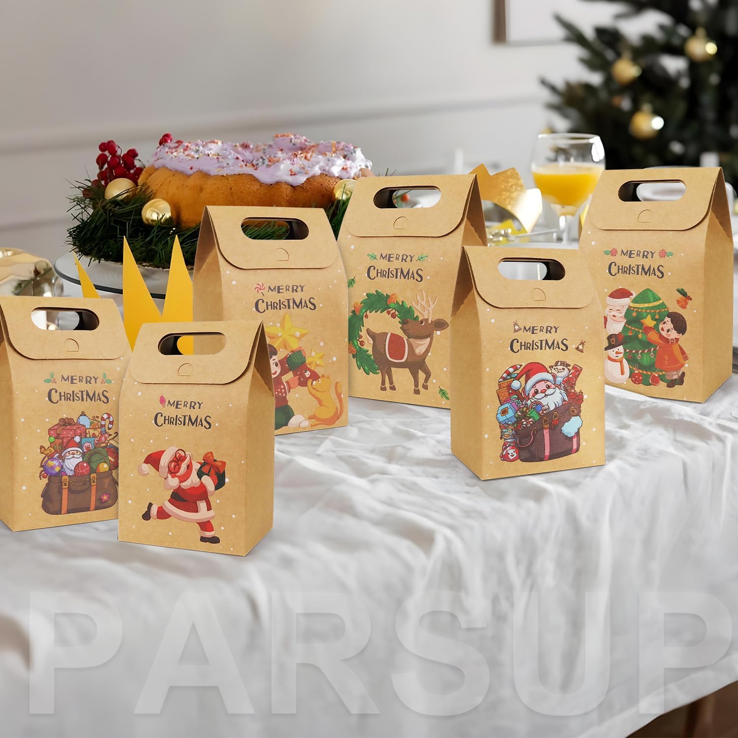 PARSUP 60pcs Christmas Gift Bags, Candy Cookie Kraft Treats Party Paper Boxes Bags Assorted Styles Xmas New Year Holiday Party Treat Candy Supplies Presents