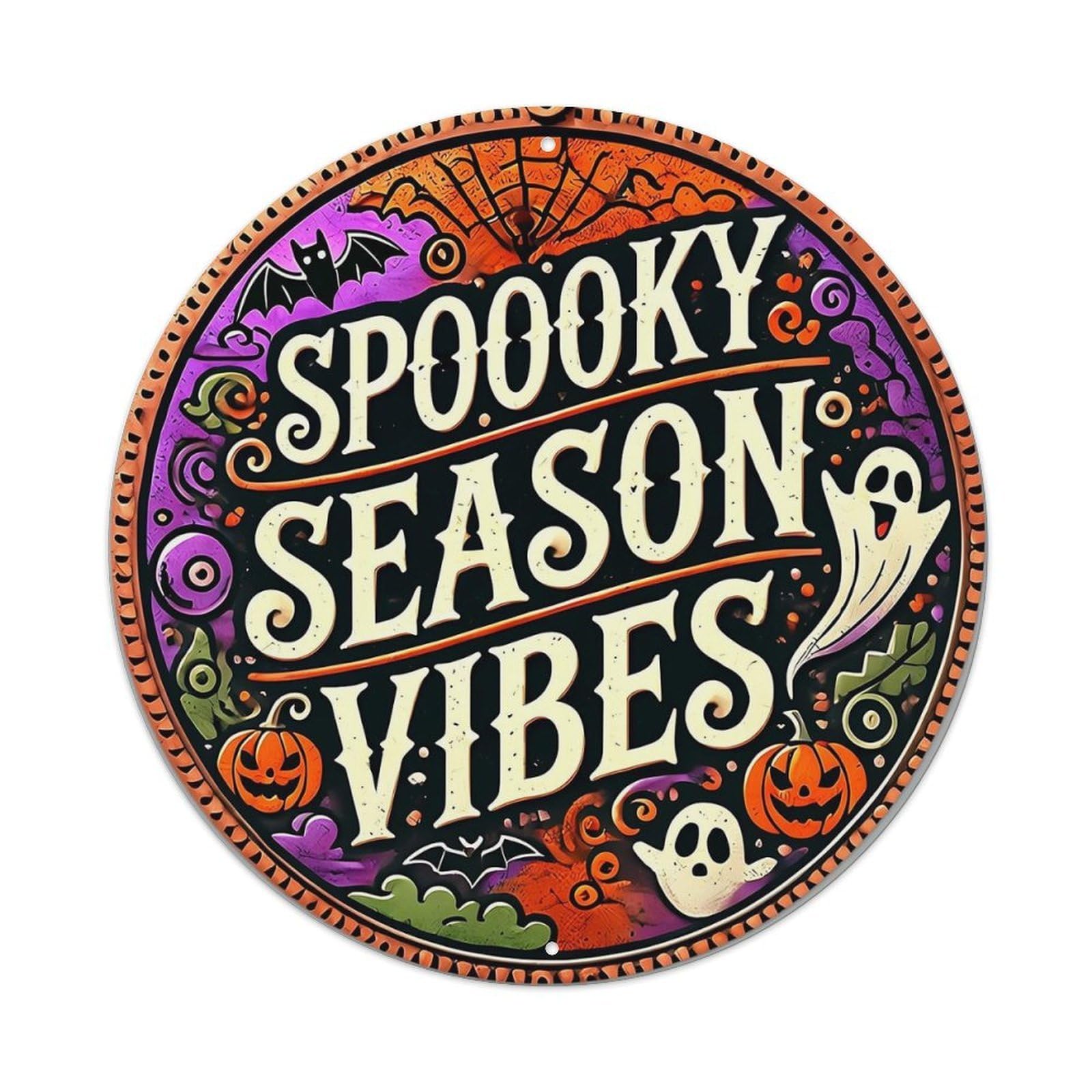 Spooky Season Vibes Halloween Decor Retro Metal Sign Round Tin Sign, Vintage Decor Art Poster for Bar, Home, Man Cave, Kitchen, Laundry Room Gift 8x8Inch