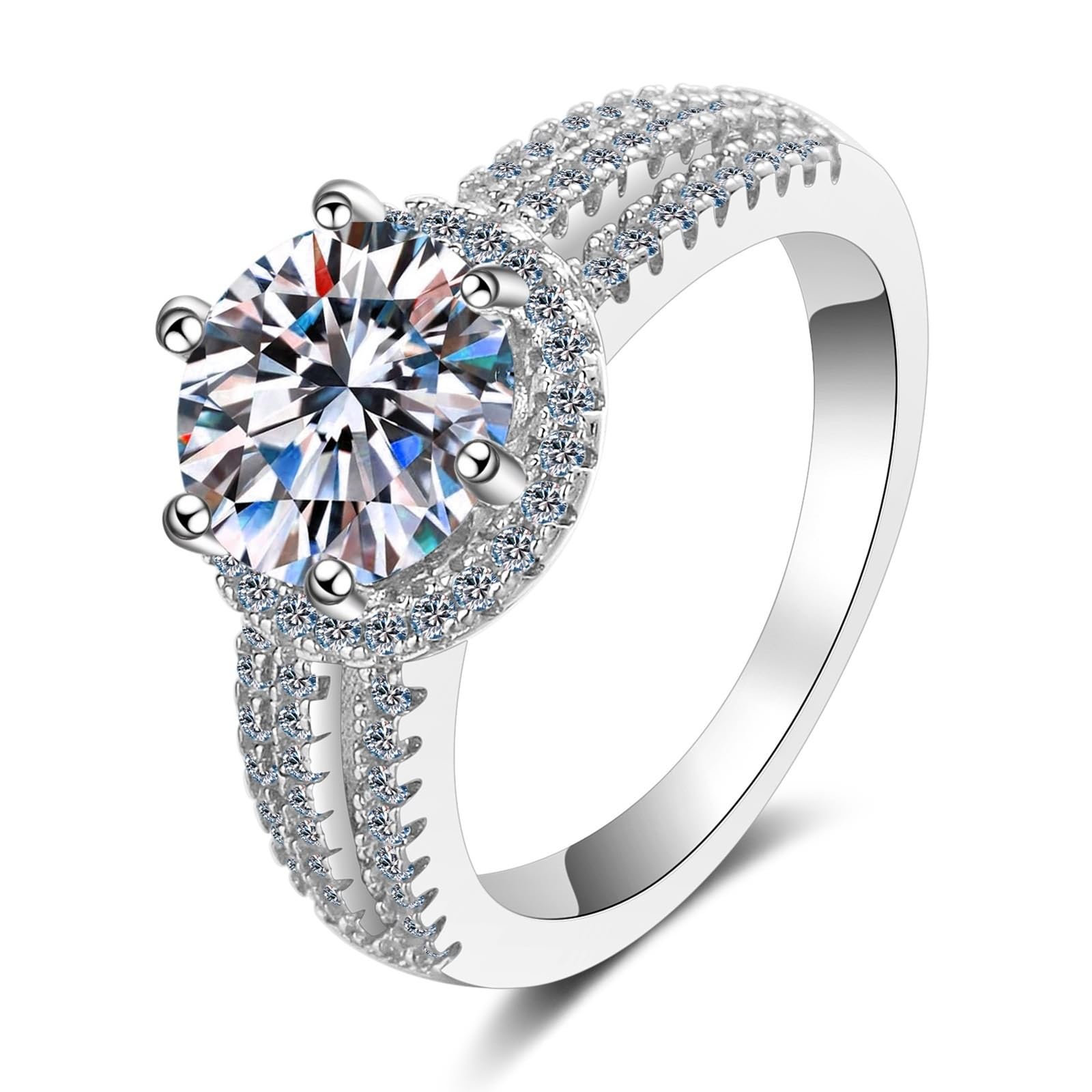 Silberring 925, Ring Modeschmuck Damen Zirkonia Sechs Klauen Runde Verlobungsring
