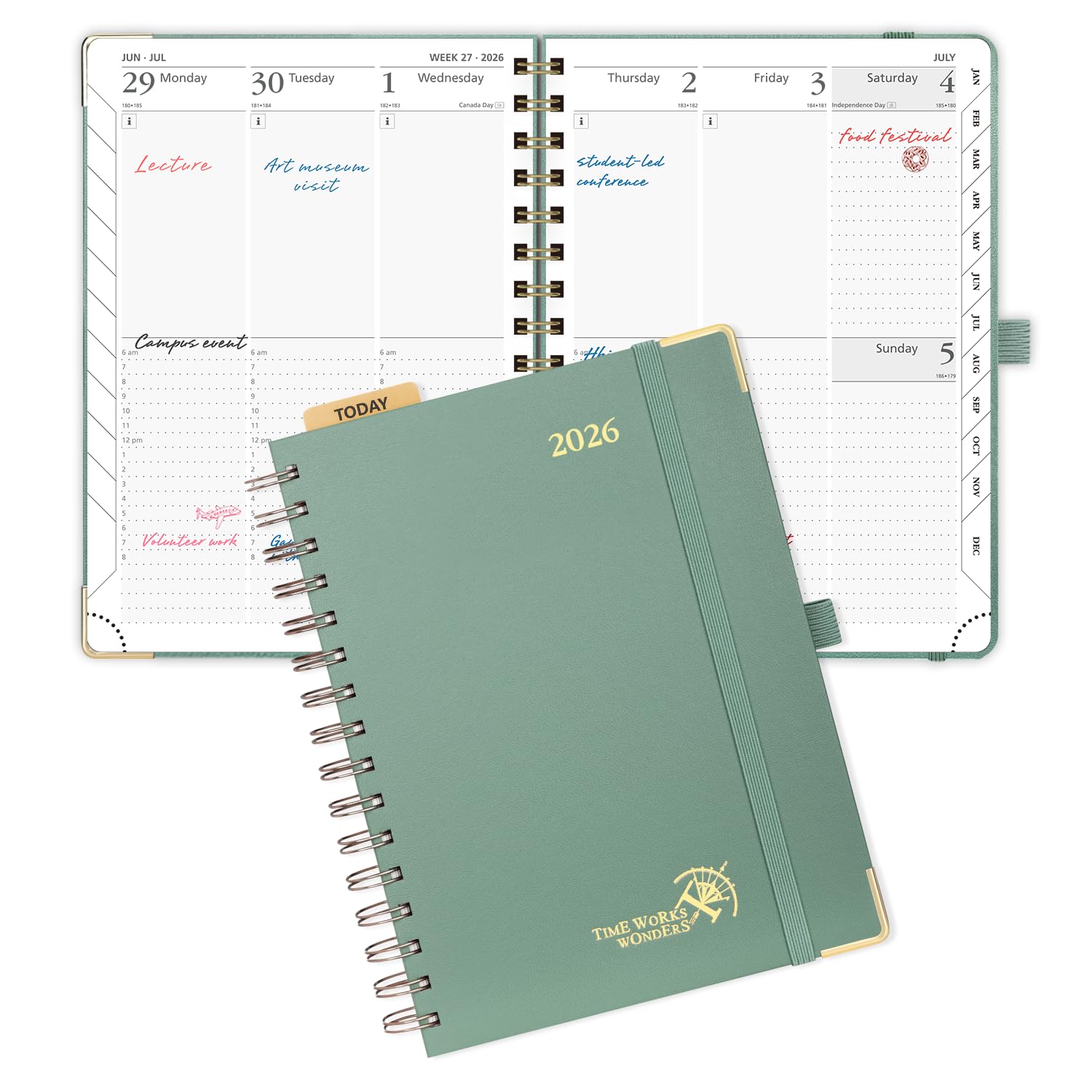 POPRUN 2026 Agenda [Medium-8.5" x 6.25" Wire-Bound Hard Cover] - Daily Weekly and Monthly Planner 2026 with Hourly Schedule, Vertical Weekly Layout, Monthly Tabs - Midnight Green
