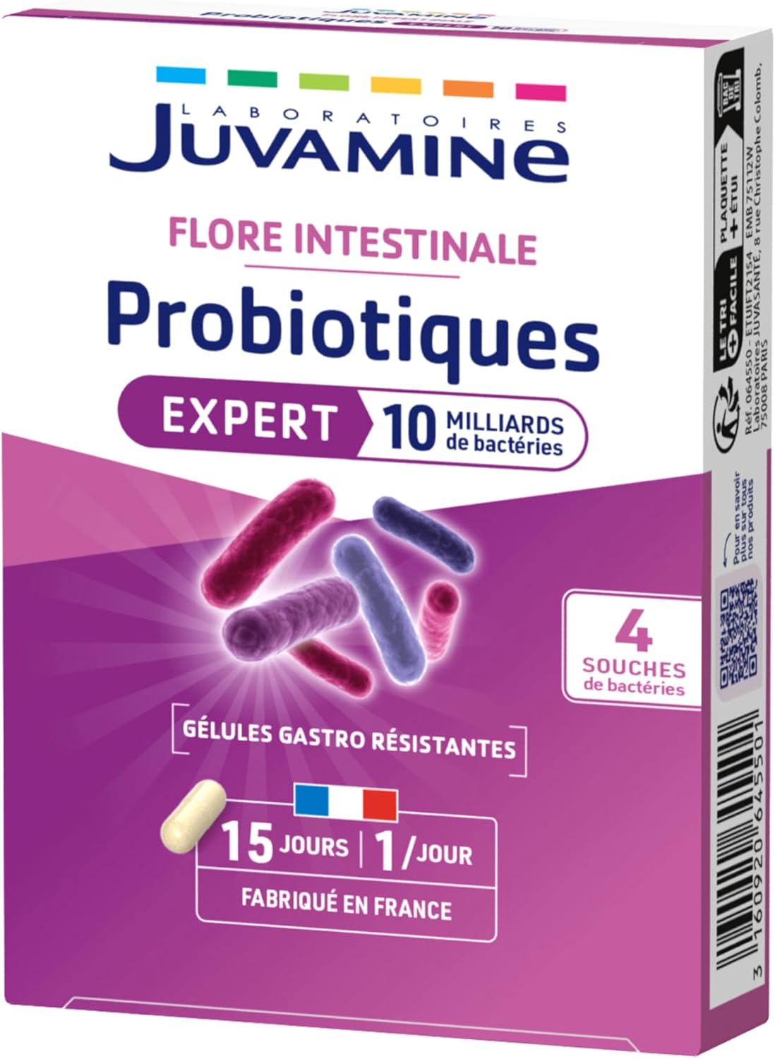 JUVAMINE – Probiotics Equilibre 4 Strains – Intestinal Flora – Supports Microbiota Balance – 15 Gastro-Resistant Capsules – Made in France