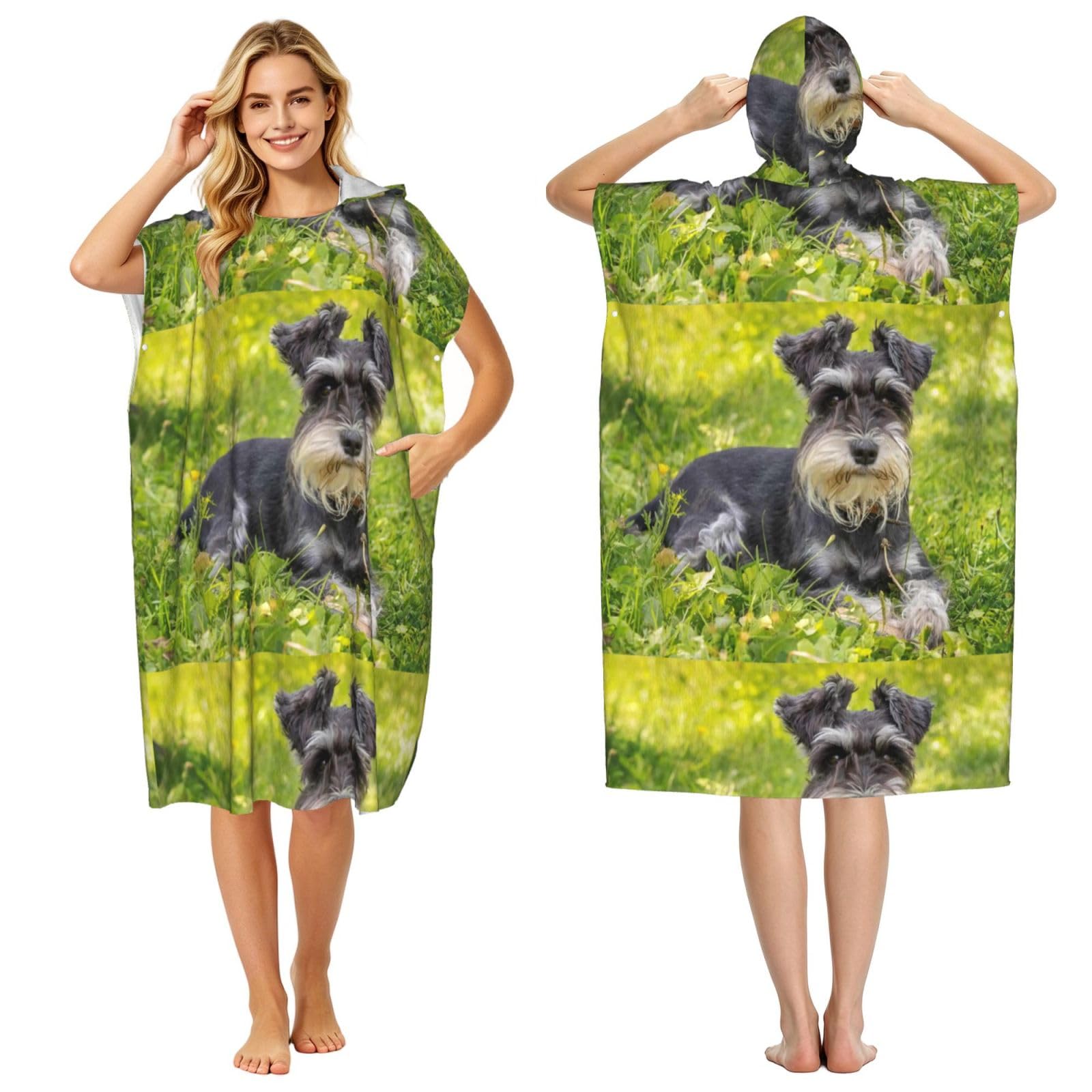 Poadnly Miniature Schnauzer, Adult Hooded Beach Towel 90 x 110 cm,Changing Bath Robe, Surf Poncho Towel For Women Men