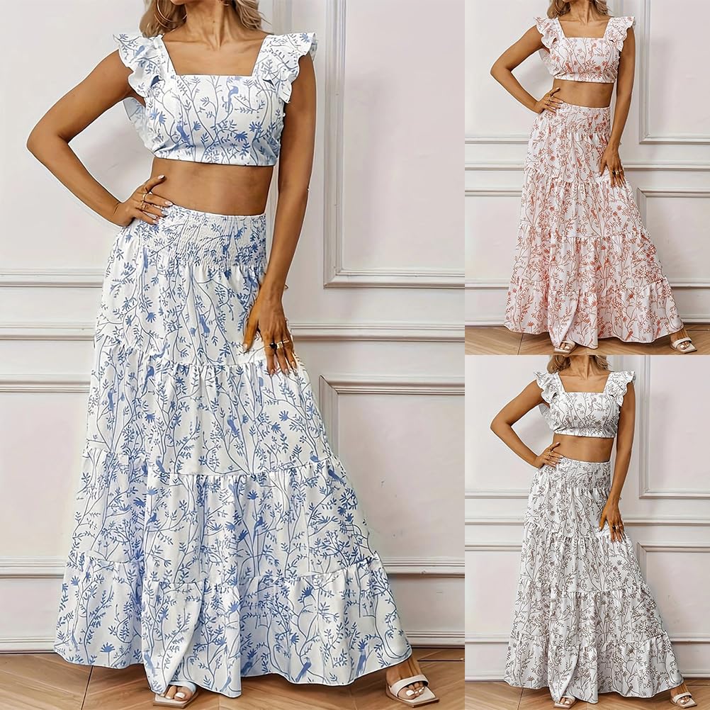 Tomwell Sexy Ensemble de 2 Pièces pour Femme Chic Elegant Crop Tops et Swing Jupe Longue à Taille Haute Femme Ensemble Tailleur