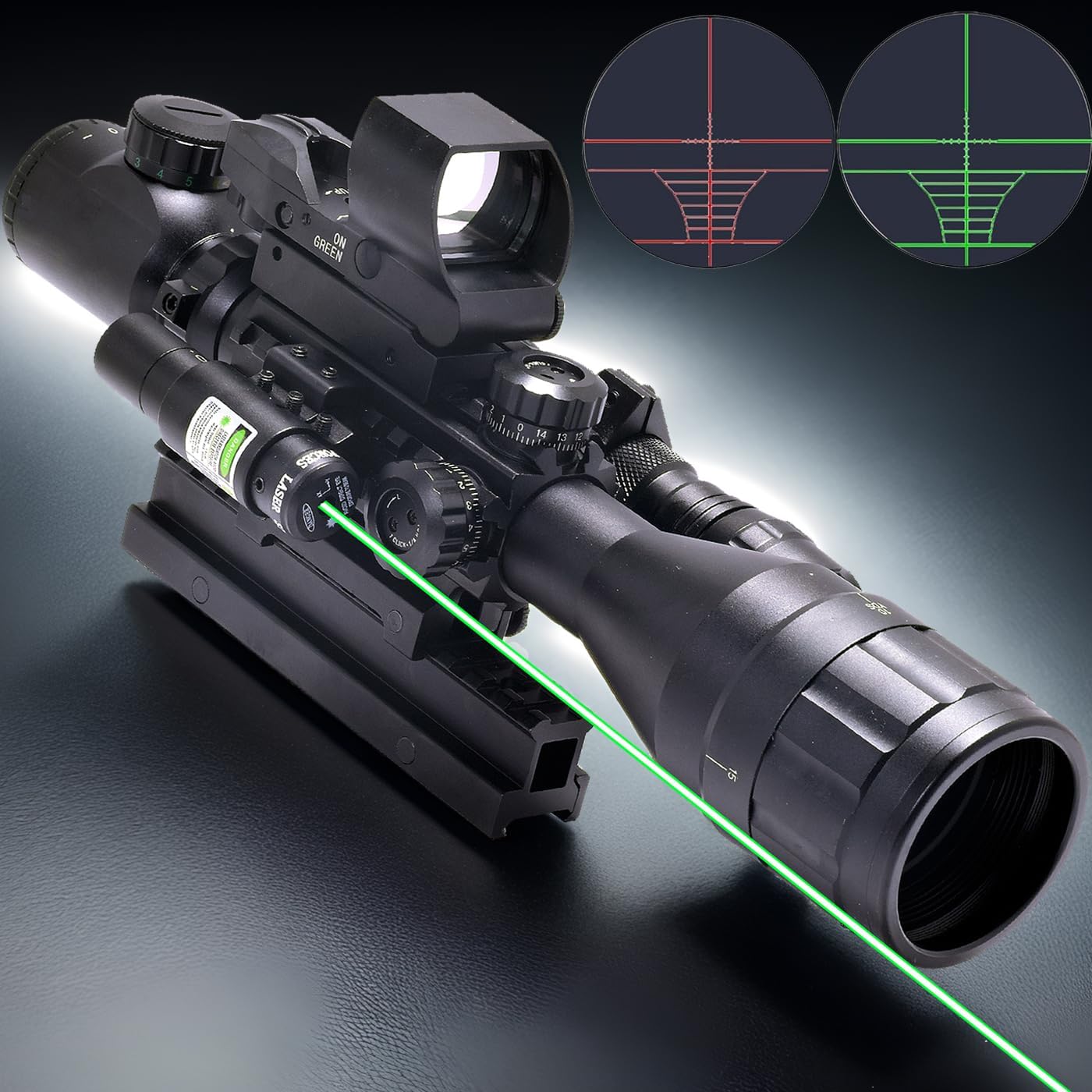 4-16X50 Riflescope Red Green Optic, 4 Reticle, Red Green Dot Sight, Green Laser Sight, 14Slost Riser 20mm Picatinny