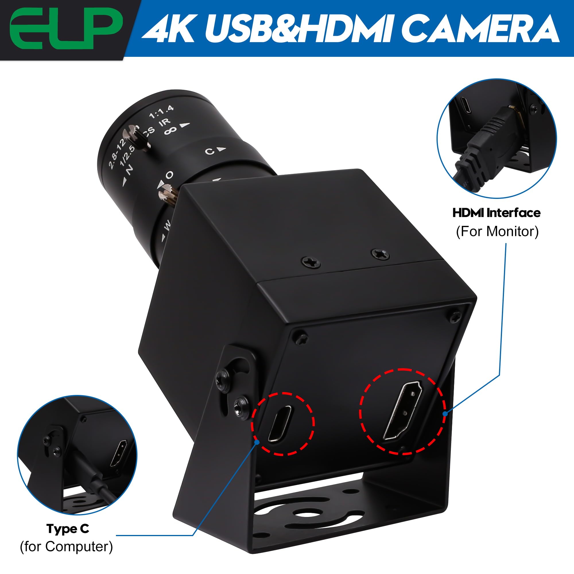 ELP 4K HDMI USB Camera - 2.8-12mm 4X Zoom Webcam With Manual Adjustment for Computer, TV, Projector, Monitor