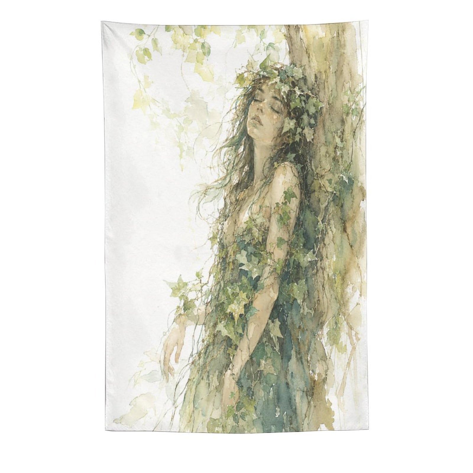 W7C8U2X3 Green Forest Woman Wall Tapestry, Watercolor, College Dorm