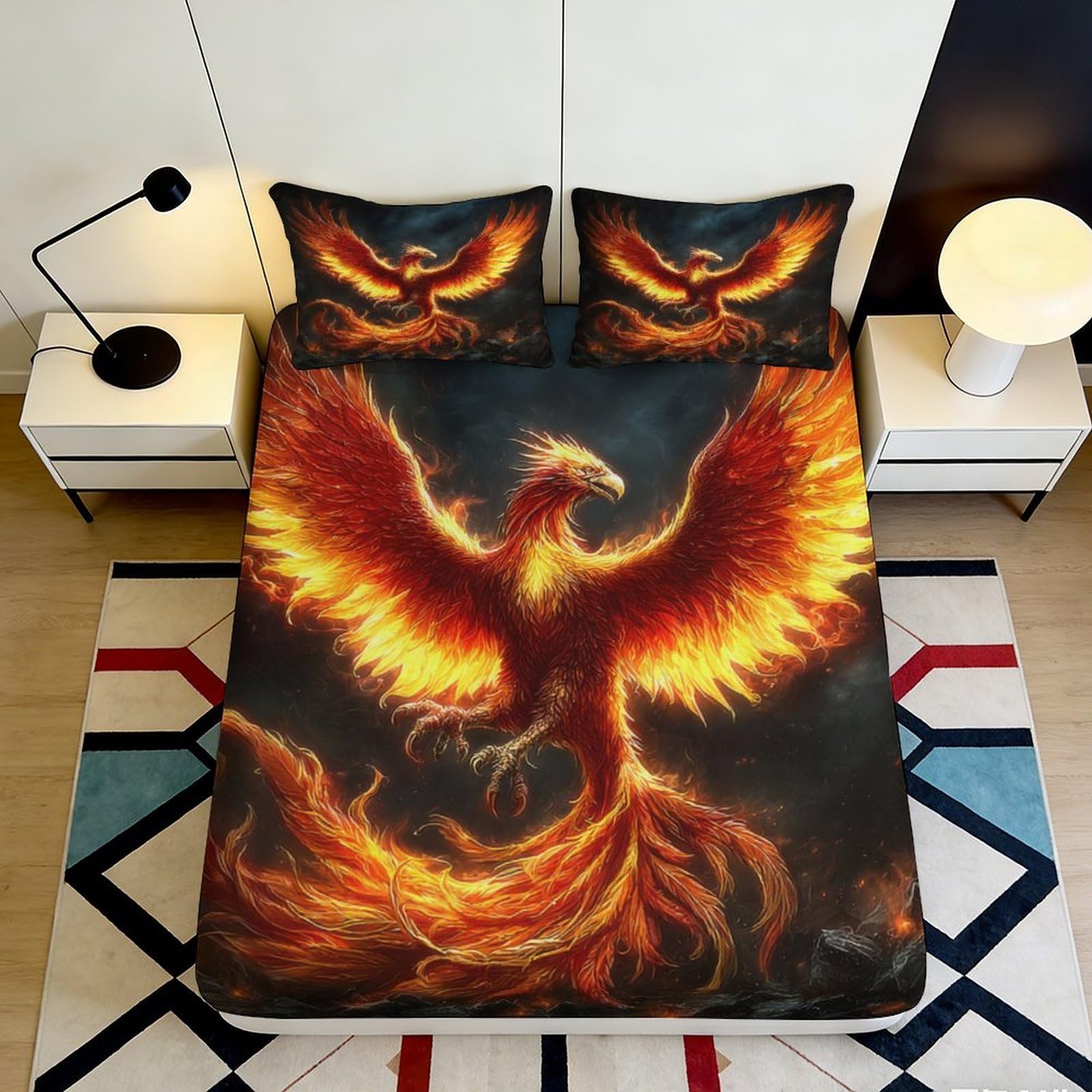 3D Printed Fire Phoenix Fitted Sheet Microfiber Non-Slip Flame Bird Mattress Cover for Bedroom Dorm Protector Decor 160x200x25cm
