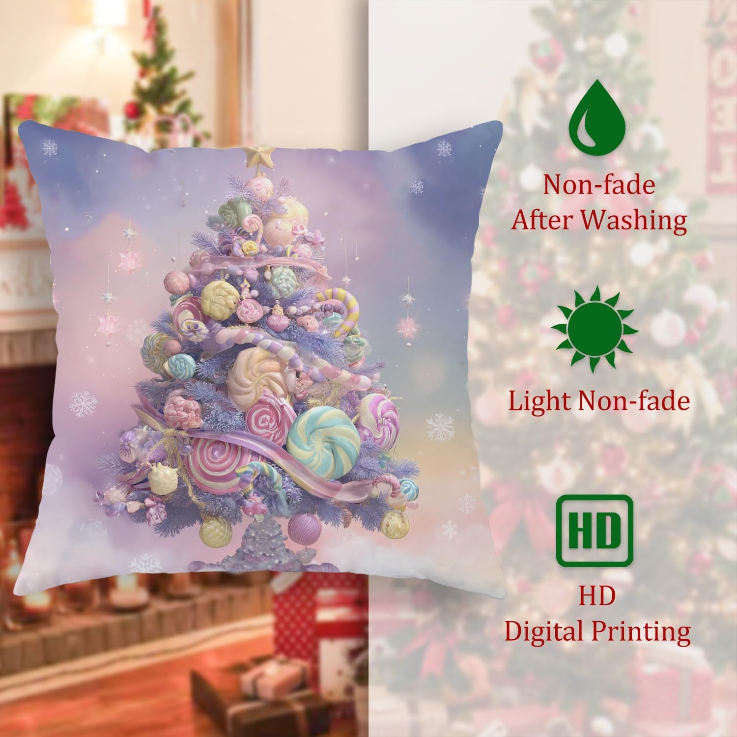 Christmas Throw Pillow Covers Set of 2, Pastel Colorful Candy Tree Decorative Cushion Covers for Holiday Home Sofa Bed Couch 28x28 Inch