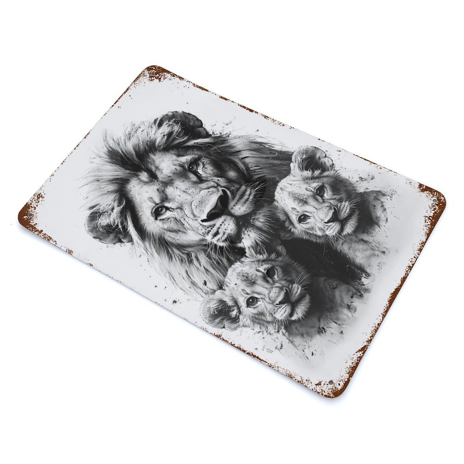 Weathered Tin Sign with Lion Family Portrait Design 11.8"x7.9", for Garage, Bar And Workshop Decor, Decorative Metal Wall Art