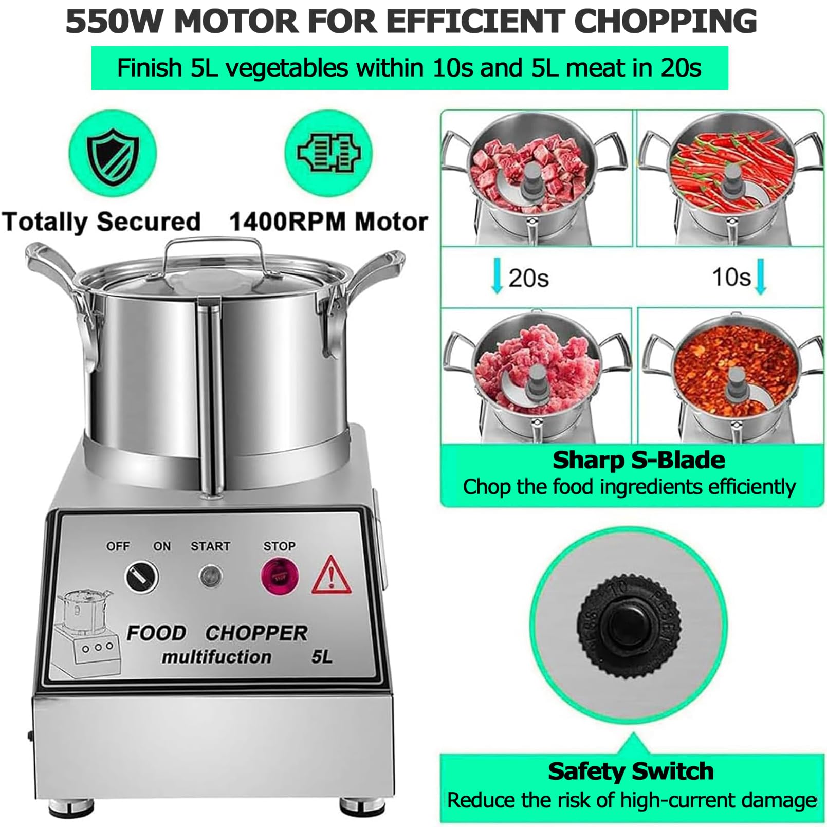 Picadora de Alimentos Comercial de 1400 W, picadora de Verduras eléctrica de Barril de Acero Inoxidable de 15 L para triturar, Picar y Hacer puré Fácil de Limpiar Potente procesador de Alimentos