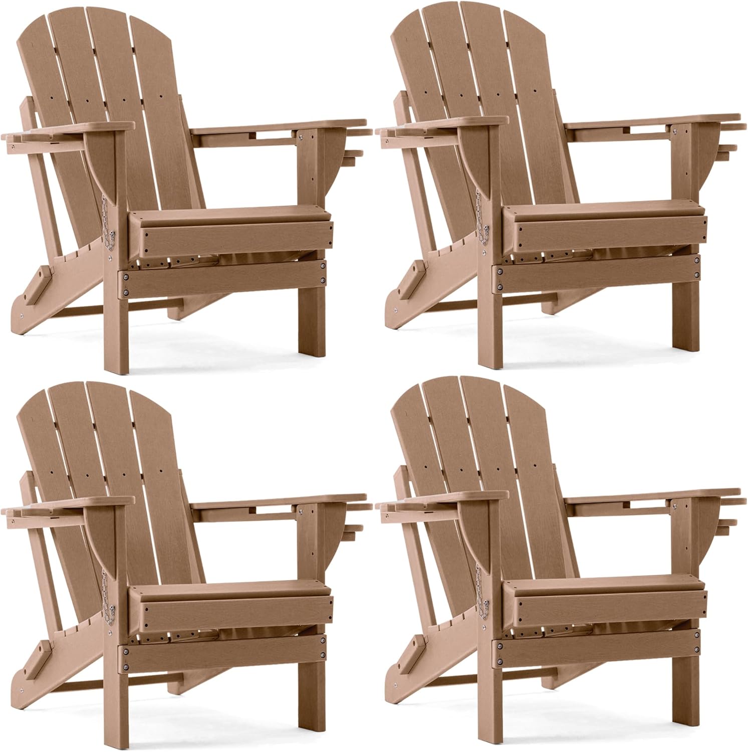 HomePage Folding Adirondack Chairs Set of 4 - HDPE Weatherproof Reclining Outdoor Lawn Chairs with Cup & Phone Holders, Brown