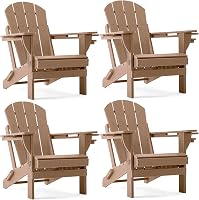 HomePage Folding Adirondack Chairs Set of 4 - HDPE Weatherproof Reclining Outdoor Lawn Chairs with Cup & Phone Holders, Brown