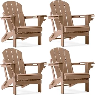 HomePage Folding Adirondack Chairs Set of 4 - HDPE Weatherproof Reclining Outdoor Lawn Chairs with Cup & Phone Holders, Brown