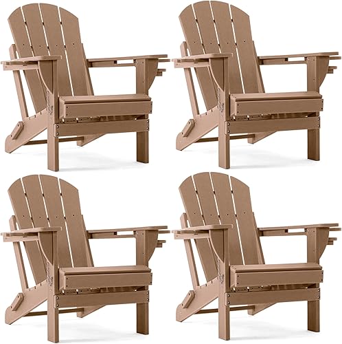 Silla Adirondack plegable, silla de césped con textura de polietileno de alta densidad para exteriores con respaldo reclinable, taza y soporte para
